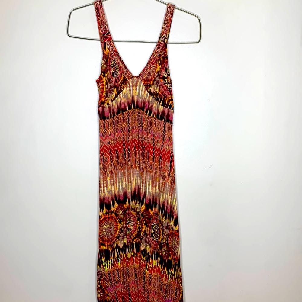 Cable & Gauge |Splash of Color Tie Dye Braided Strap Deep Plunge Neck Maxi Dress